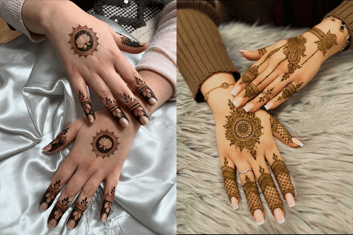 Minimalist Center Mehndi Design Featuring A Floral Mandala In The Middle Of The Palm With Finger Patterns