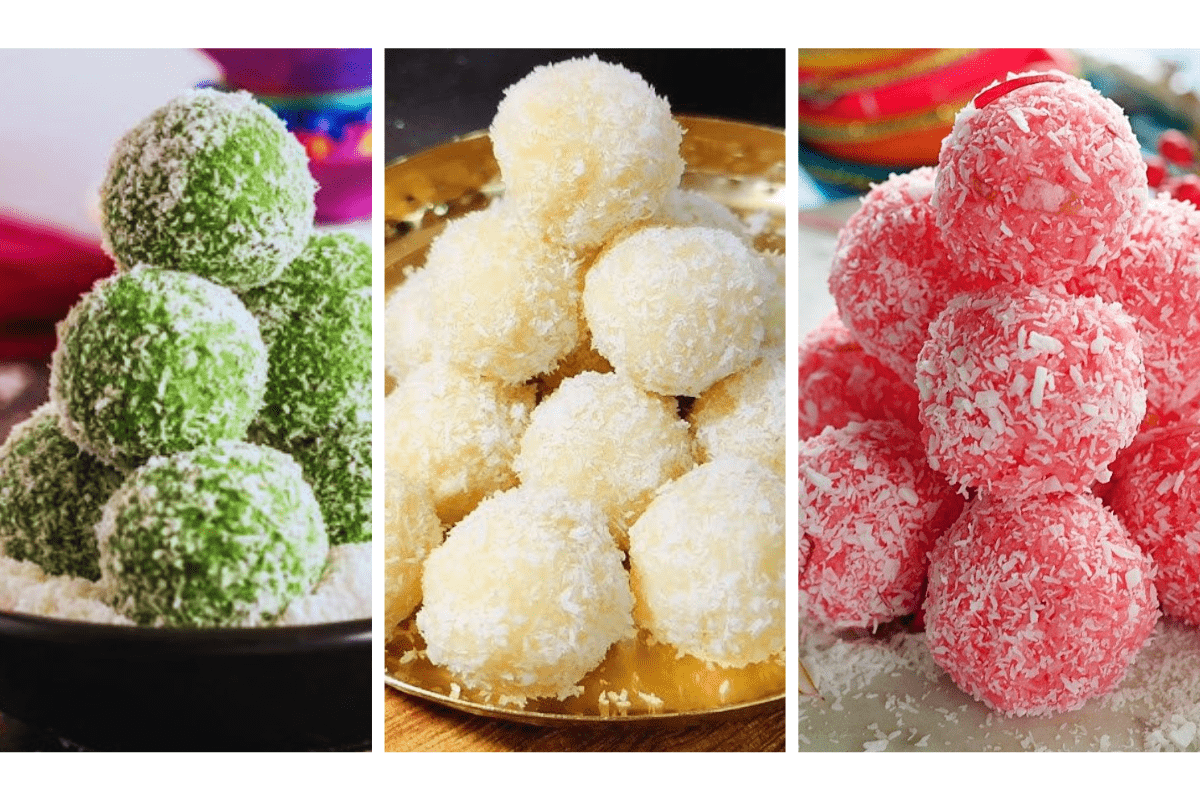 Flavoured Coconut Laddu Recipe Try this Rose Coconut Laddu, Pan Coconut Laddu, Coconut Mawa Laddu Recipe for Vishwakarma Puja Bhog