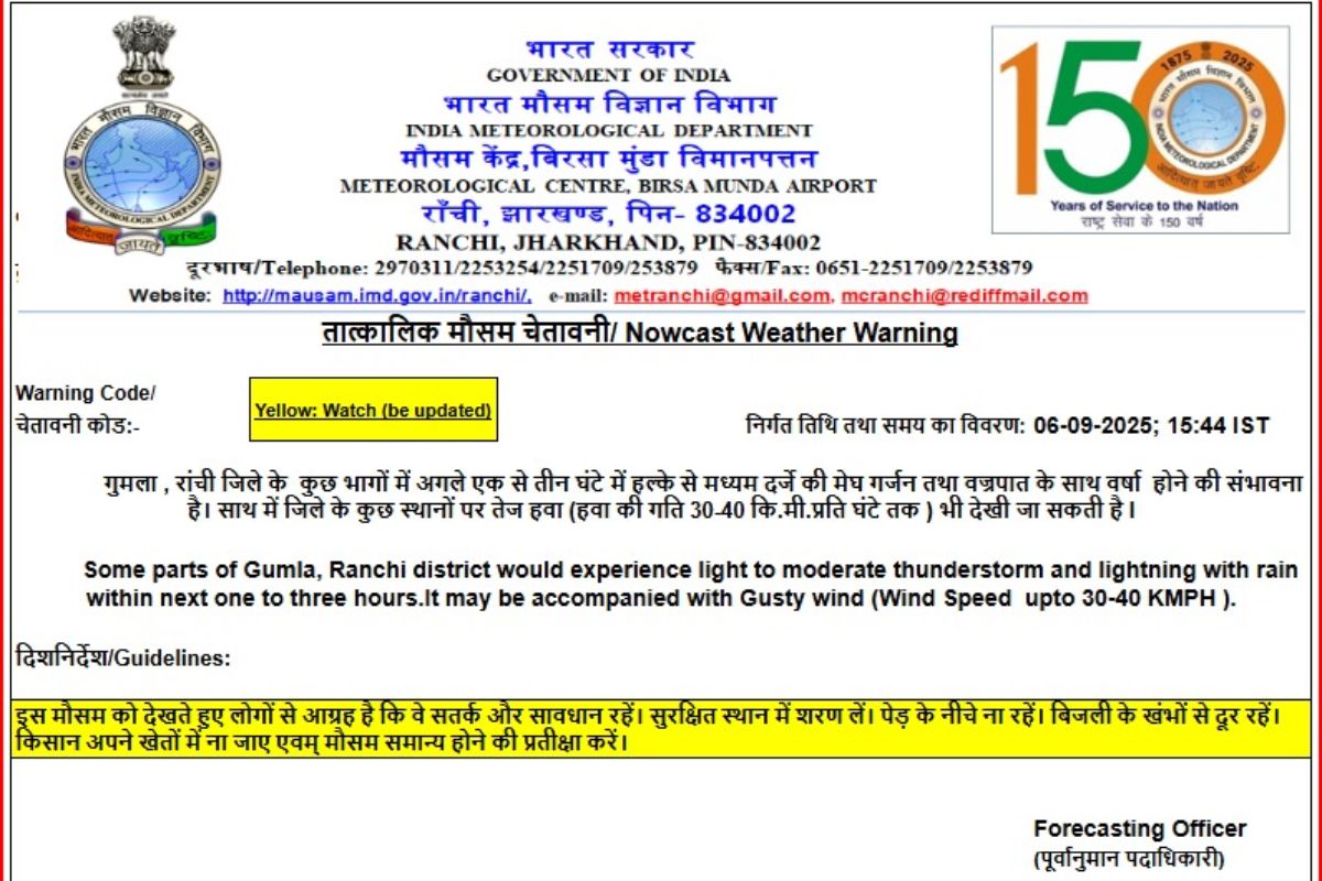 रांची और गुमला के लोग हो जाएं सावधान, अगले 3 घंटे में गरज के साथ होगी वर्षा 1 Rain Alert For Ranchi Gumla Jharkhand Weather News 1