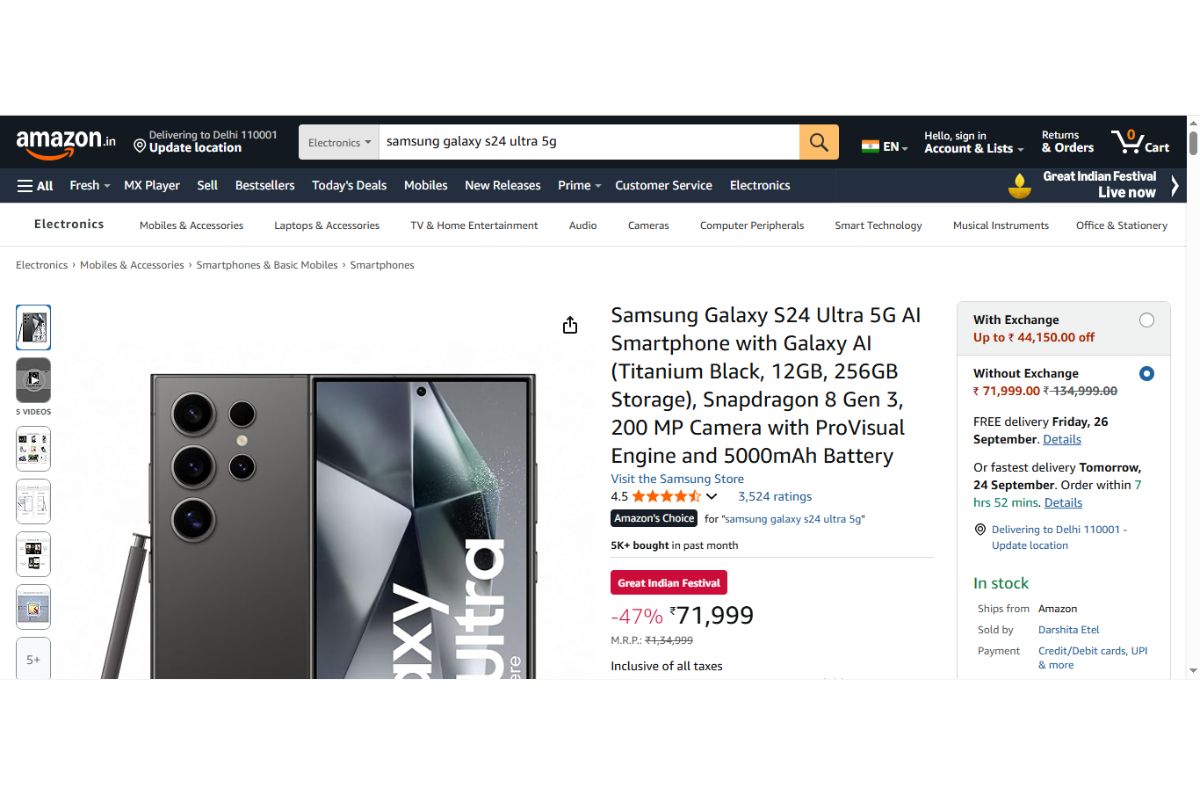 Samsung Galaxy S24 Ultra Price On Amazon