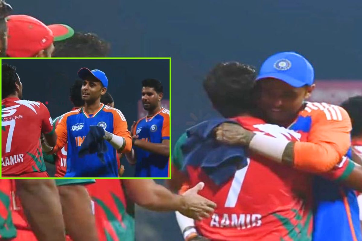 Suryakumar Yadav hugged Aamri Kaleem after IND vs OMAN Asia Cup 2025 clash.
