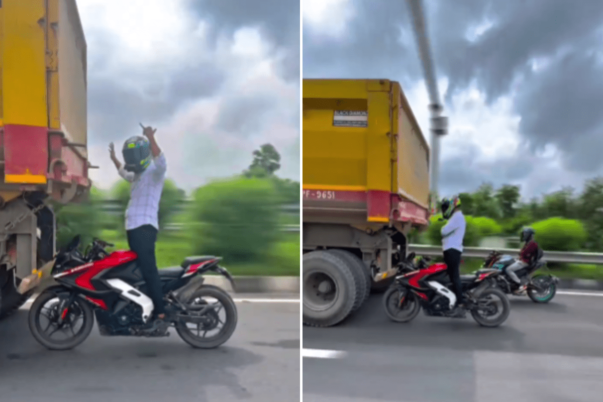Viral Video bike stunt behind truck