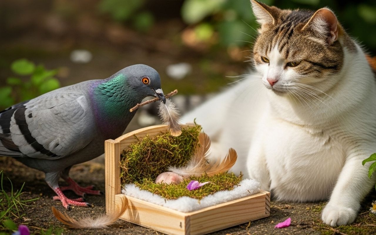 Viral Video pigeon helping pregnant cat by building bed