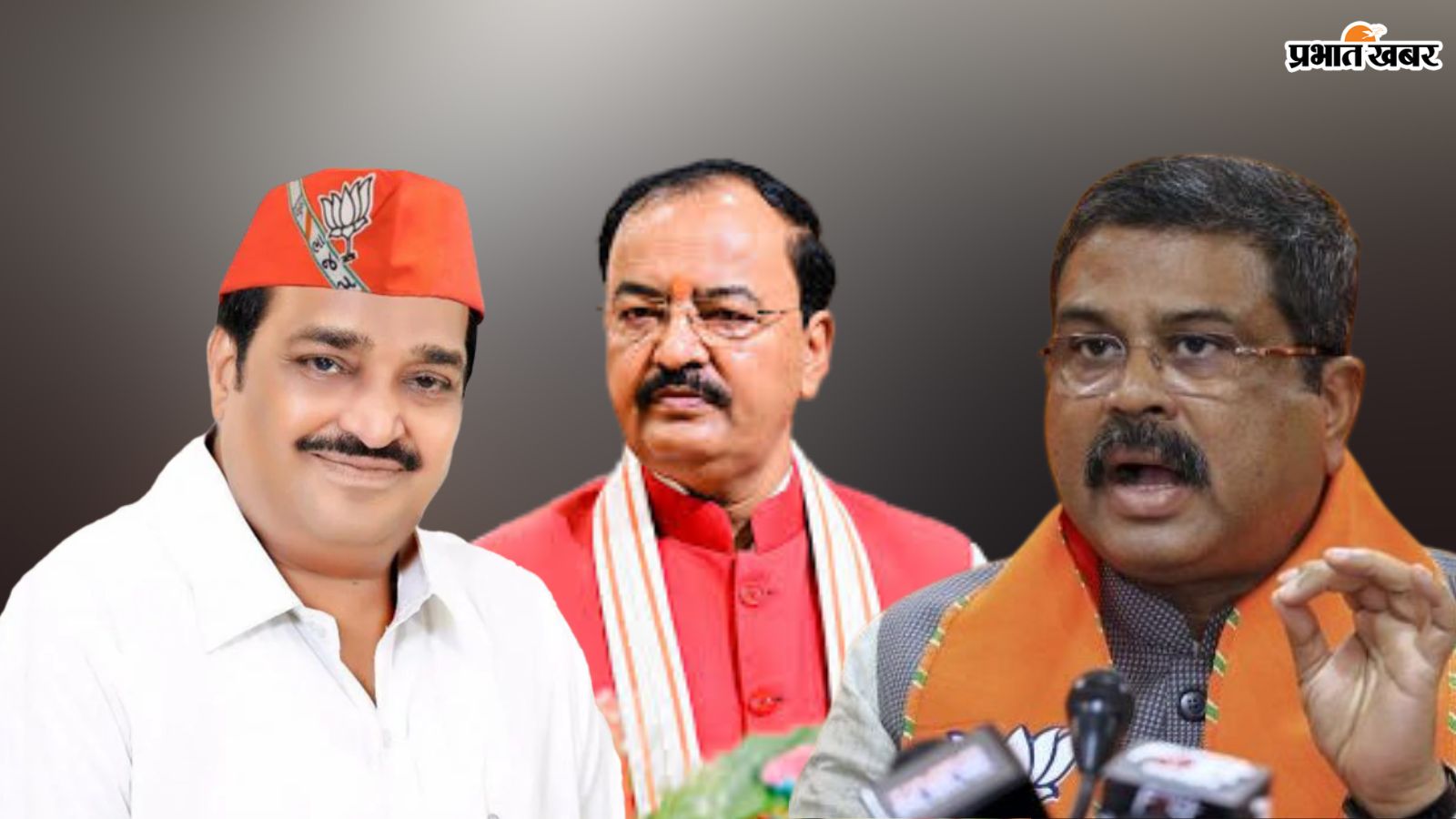 केंद्रीय शिक्षा मंत्री धर्मेंद्र प्रधान लेफ्ट में केशव प्रसाद मौर्य बीच में सी. आर पाटिल राइट साइड