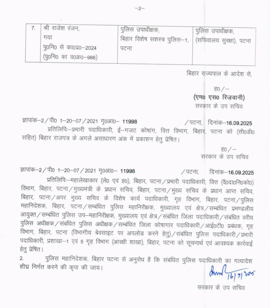 Bihar Dsp Transfer: दुर्गा पूजा से पहले बिहार में चली तबादला एक्सप्रेस! बदले गए पटना समेत इन जिलों के Dsp, देखें लिस्ट 1 Image 200