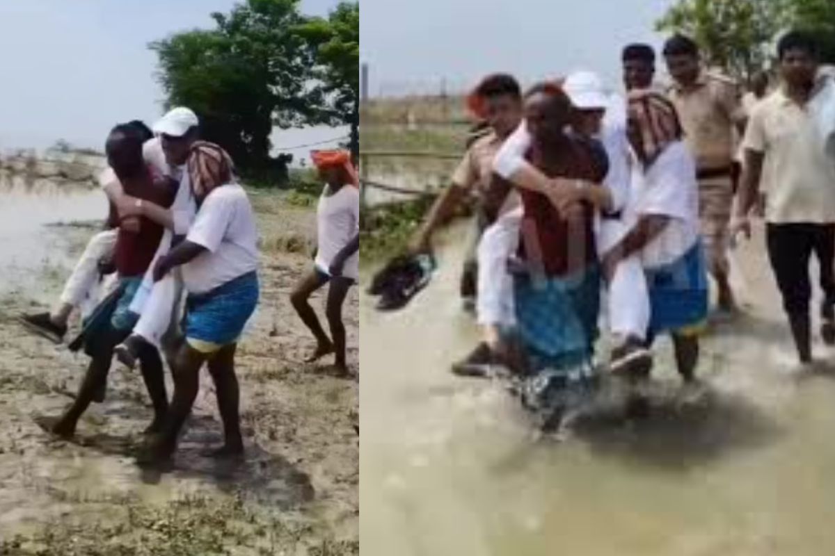 Congress MP tariq anwar inspect floods by riding on shoulders of voter video viral