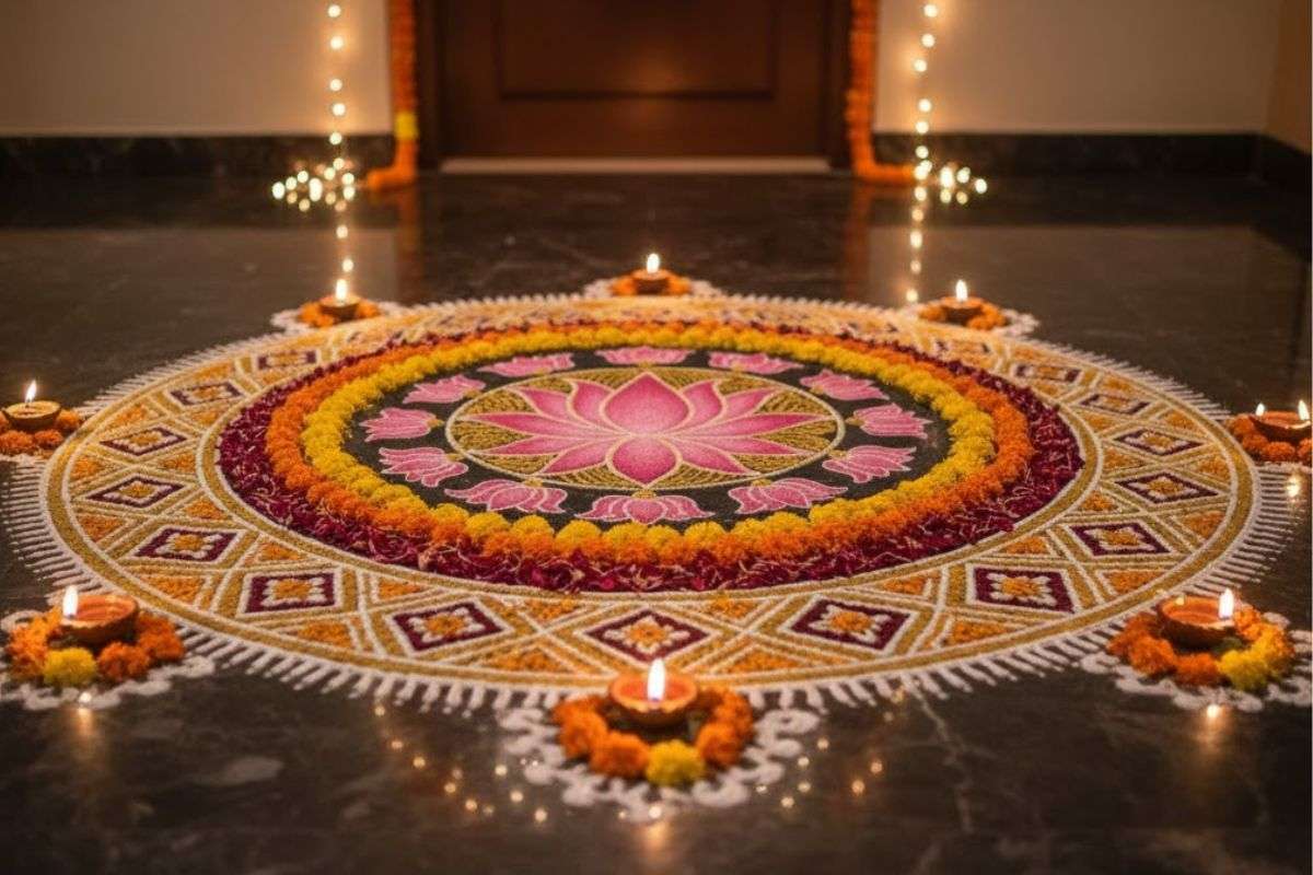 इस दिवाली सिर्फ दीयों से नहीं, Ai के रंगों से सजाइए, ट्राई करें ये ट्रेंडिंग रंगोली आइडियाज, जो बढ़ा देंगे घर की रौनक 4 Ai Flower Rangoli Design