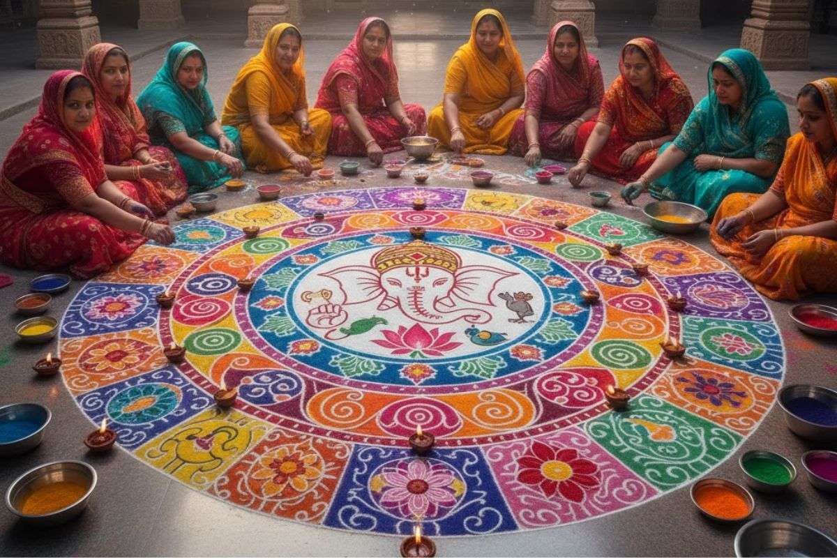 इस दिवाली सिर्फ दीयों से नहीं, Ai के रंगों से सजाइए, ट्राई करें ये ट्रेंडिंग रंगोली आइडियाज, जो बढ़ा देंगे घर की रौनक 7 Ai Ganesh Rangoli Design