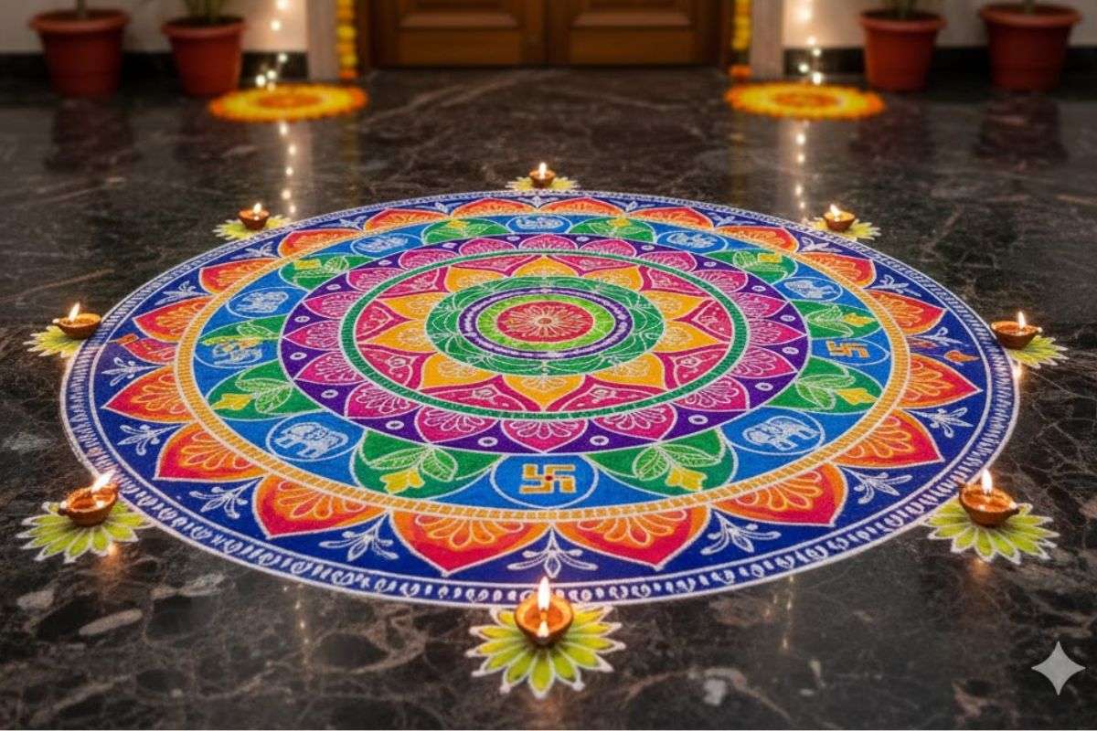 इस दिवाली सिर्फ दीयों से नहीं, Ai के रंगों से सजाइए, ट्राई करें ये ट्रेंडिंग रंगोली आइडियाज, जो बढ़ा देंगे घर की रौनक 5 Ai Mandala Rangoli Design