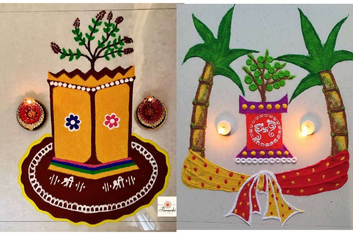 Tulsi Vivah Rangoli Design: देवउठनी एकादशी पर सजाएं तुलसी चौरा - देखें तुलसी विवाह 2025 के लिए बेस्ट रंगोली डिजाइन 5 Dev Uthani Ekadashi Rangoli Design Min