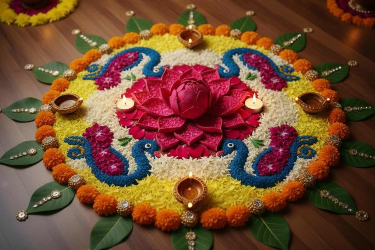 Rangoli Design For Diwali: ब्यूटीफुल रंगोली डिजाइनों से सजाएं घर का हर कोना, यहां देखें दिवाली स्पेशल बेस्ट रंगोली डिजाइन 2 Flower Rangoli Design For Diwali