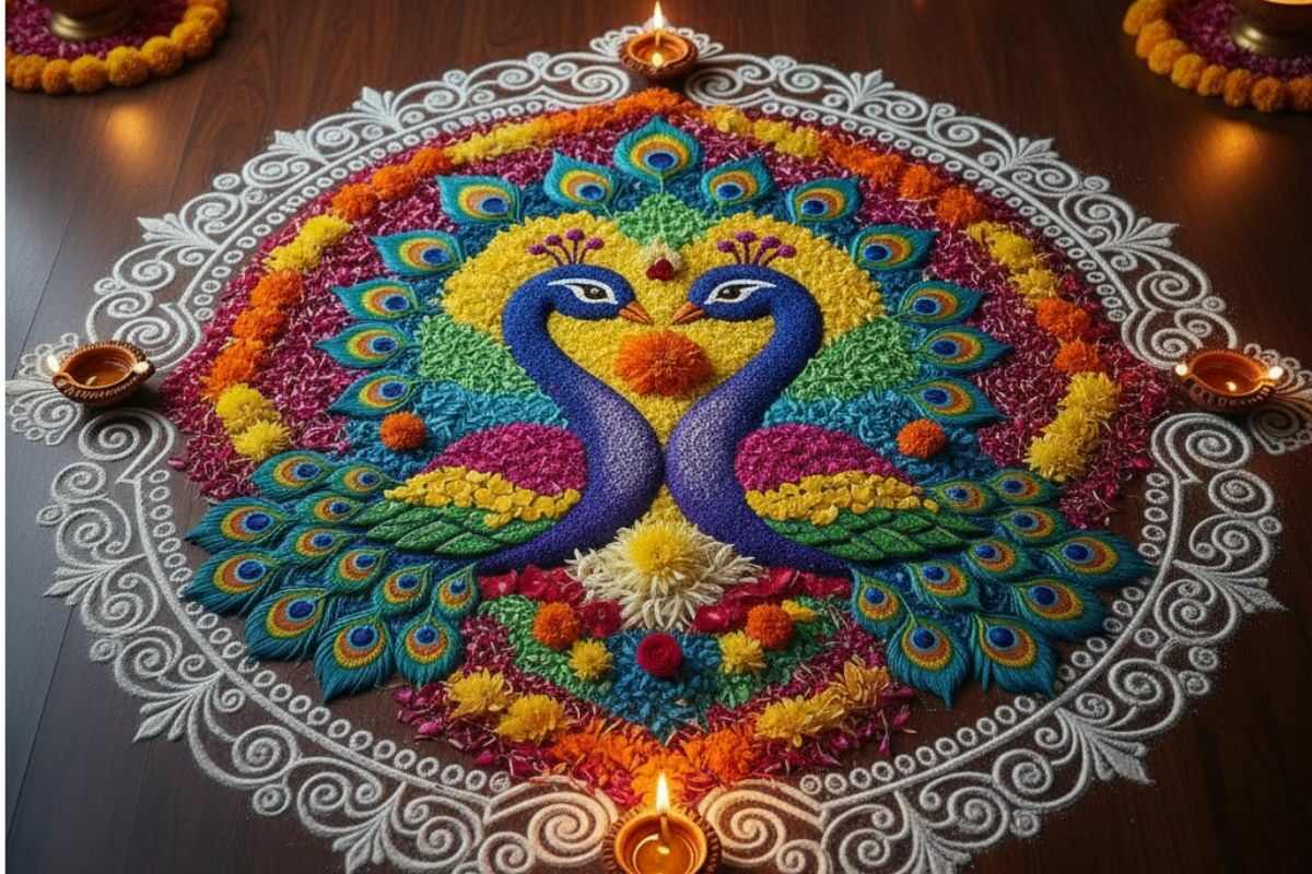 Rangoli Design For Diwali: ब्यूटीफुल रंगोली डिजाइनों से सजाएं घर का हर कोना, यहां देखें दिवाली स्पेशल बेस्ट रंगोली डिजाइन 3 Peacock Rangoli Design For Diwali