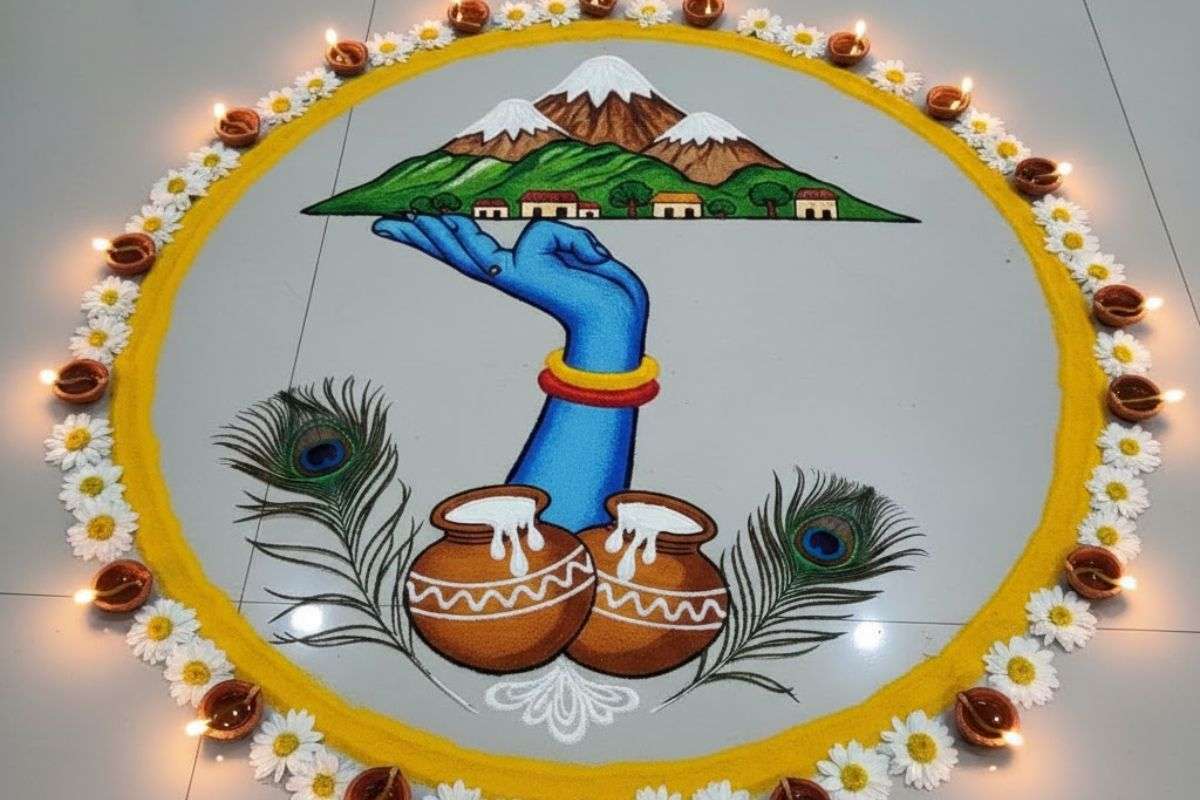 Govardhan Puja Rangoli Design: इस गोवर्धन पूजा ट्राई करें Ai से बने यूनिक रंगोली डिजाइन्स, डेकोरेशन में लग जाएंगे चार चांद 1 Govardhan Puja Rangoli Designs