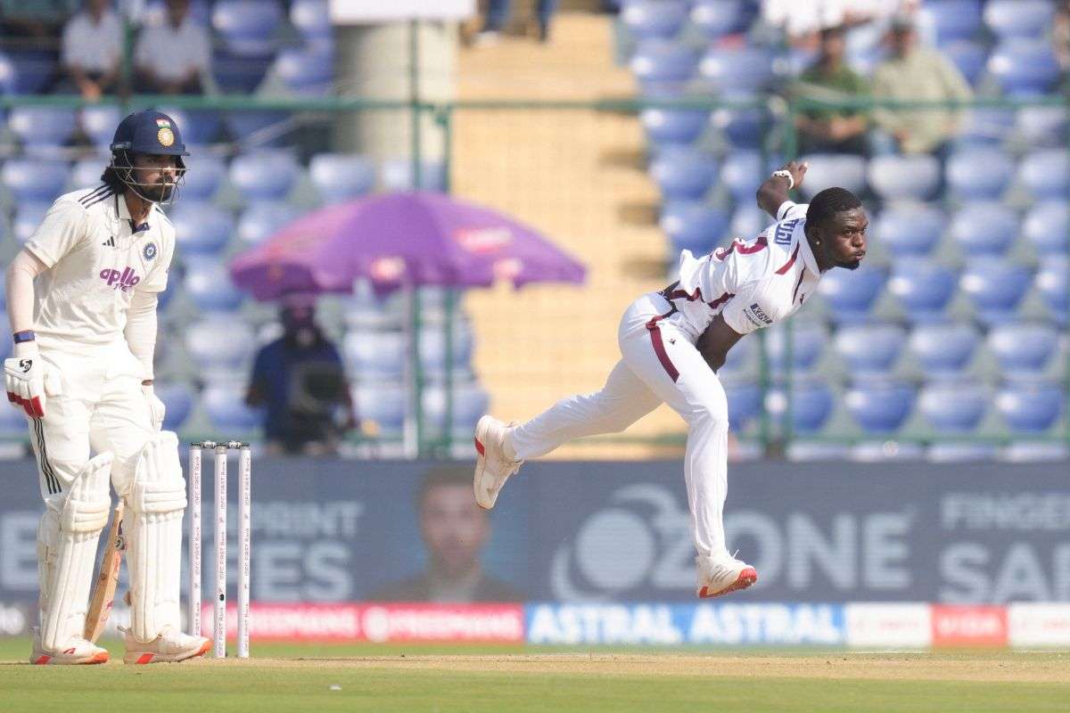 West Indies Jayden Seales bowls a delivery