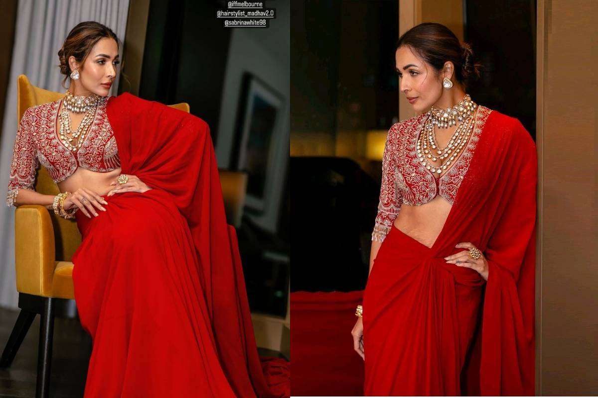Malaika Arora wearing glamorous red saree with bold off-shoulder blouse – party look inspiration"
