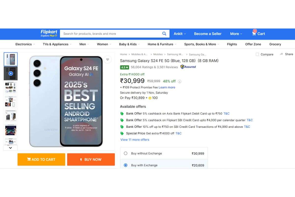 Flipkart Big Bang Diwali Sale कल हो रहा खत्म, सस्ते दाम पर मिड-बजट स्मार्टफोन खरीदने का आखरी मौका 1 Samsung Galaxy S24 Fe Price Detail On Flipkart