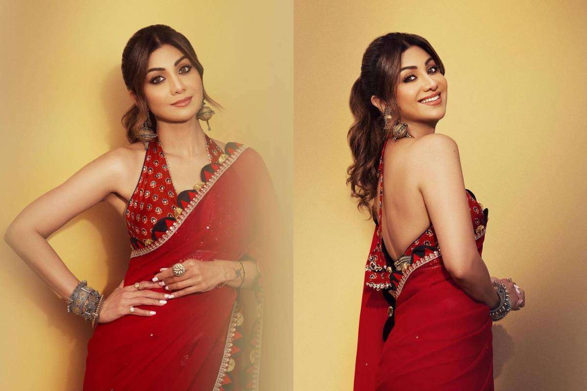 Shilpa Shetty in stylish red saree blouse design with elegant mirror work – Bollywood fashion inspiration