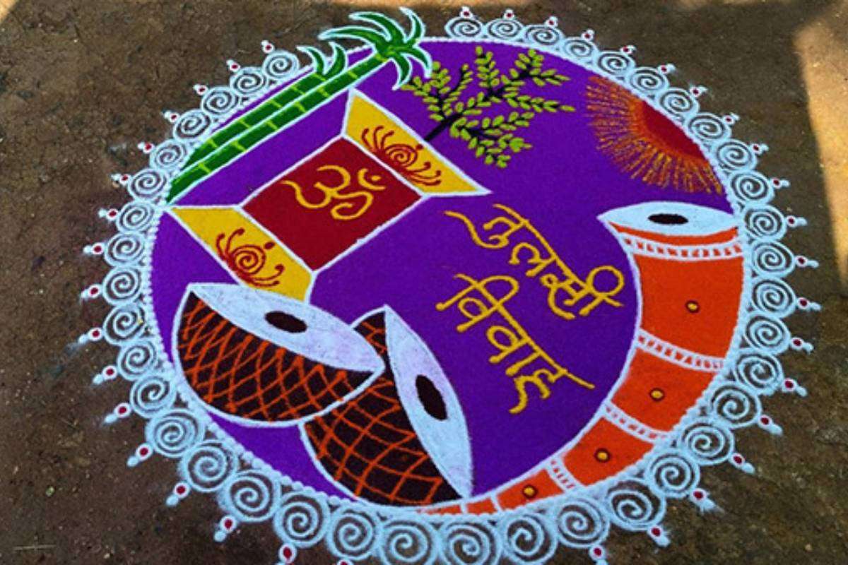 Tulsi Vivah Rangoli Design: देवउठनी एकादशी पर सजाएं तुलसी चौरा - देखें तुलसी विवाह 2025 के लिए बेस्ट रंगोली डिजाइन 3 Simple Tulsi Vivah Rangoli Design