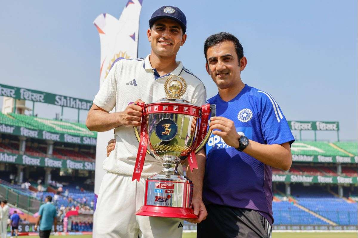 Shubman Gill and Gautam Gambhir with IND vs WI Test Series Trophy