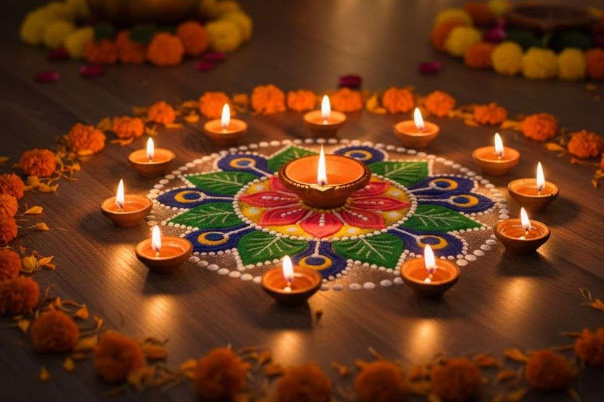 Small Rangoli Design with Colors and Diyas  