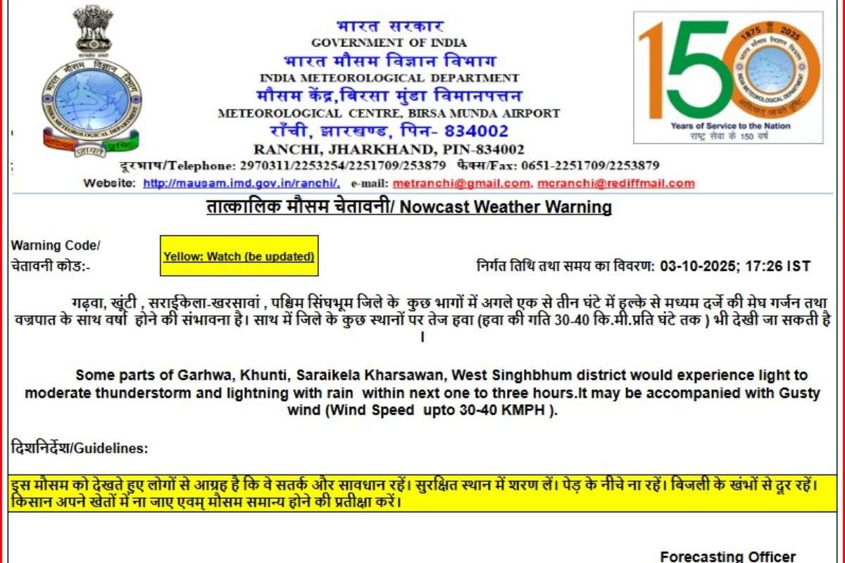 Yellow Alert Warning of rain thundertorm in next 3 hours in 4 districts of Jharkhand