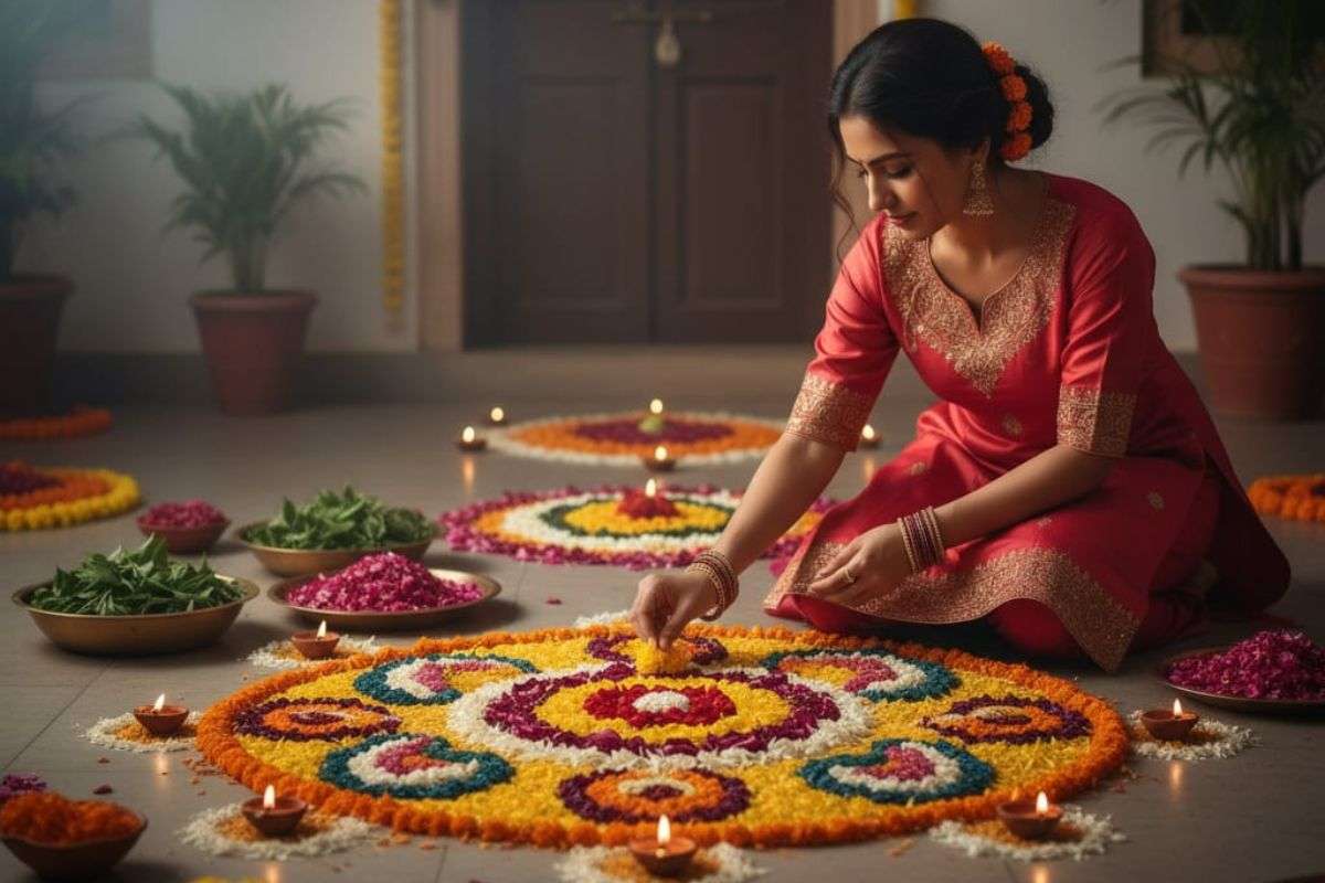 a women making rangoli for kali puja