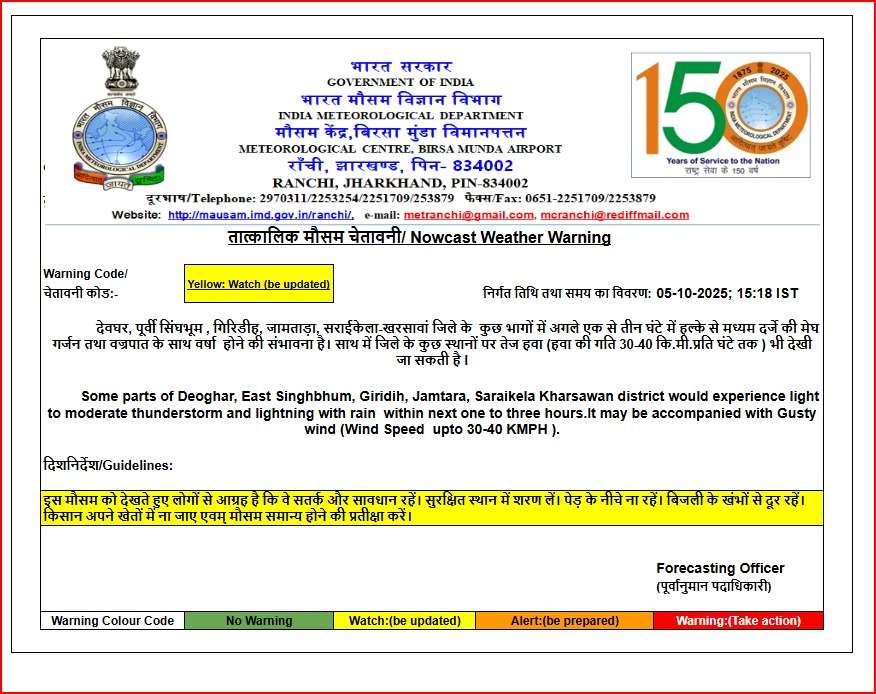 nowcast weather warning jharkhand 5 October 2025