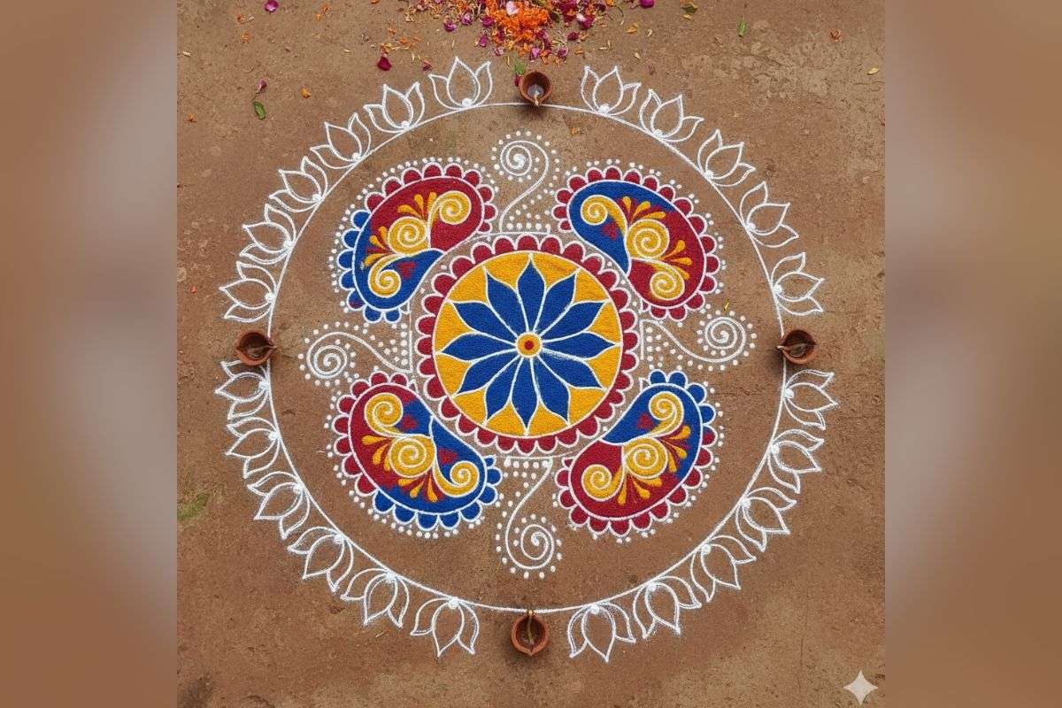 Govardhan Puja Rangoli Design: इस गोवर्धन पूजा ट्राई करें Ai से बने यूनिक रंगोली डिजाइन्स, डेकोरेशन में लग जाएंगे चार चांद 2 Simple Rangoli Design 1