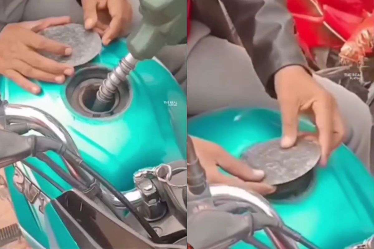 viral video man cover bike petrol tank with iron plate