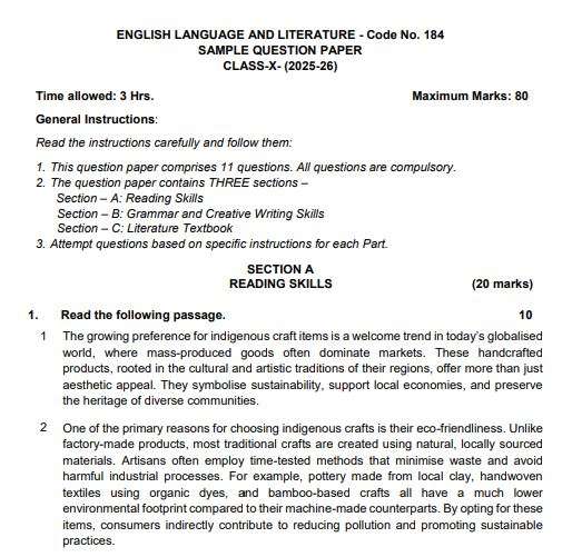 CBSE Board 10th English Sample Paper 2026