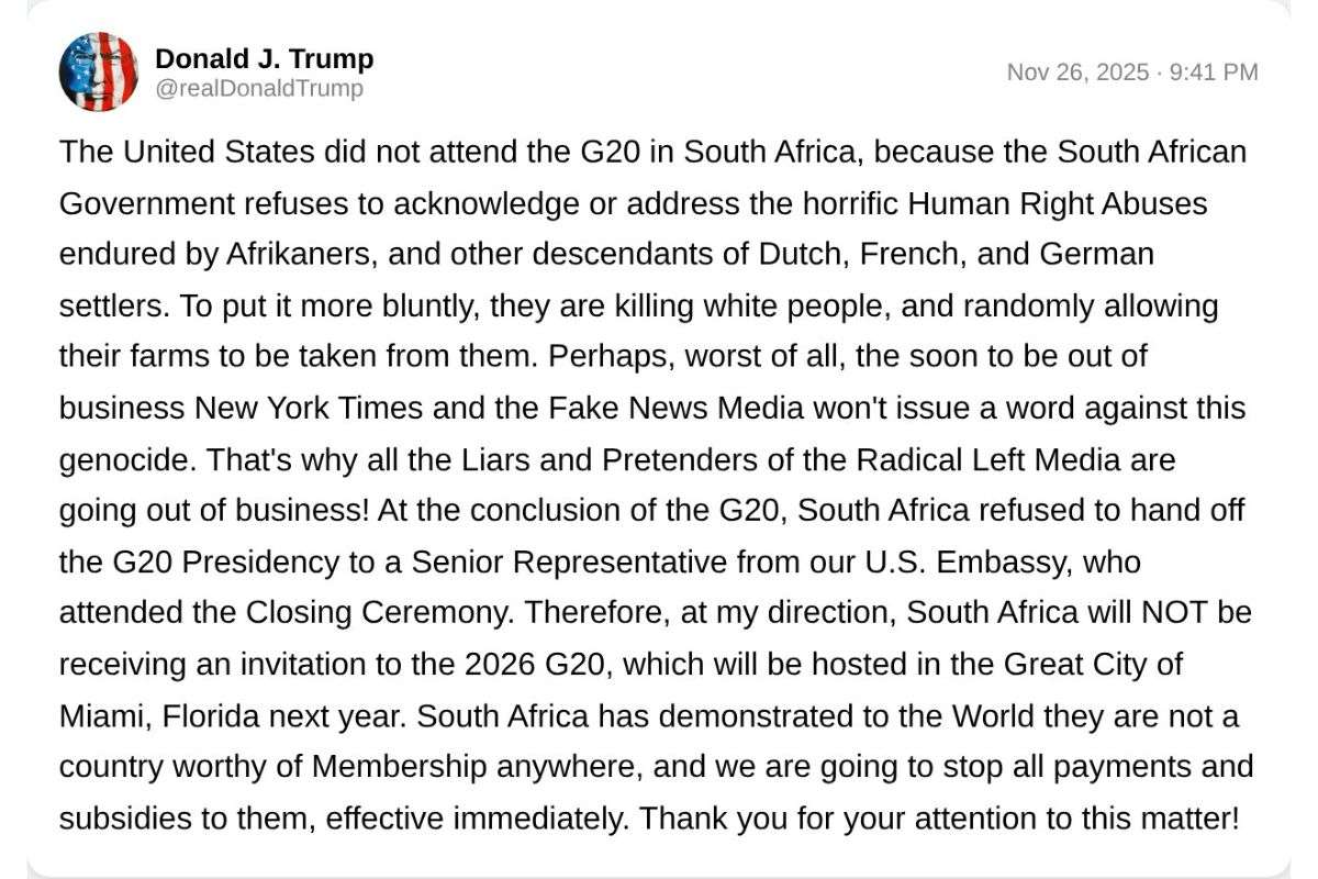 Donald Trump On Not Inviting South Africa To Us