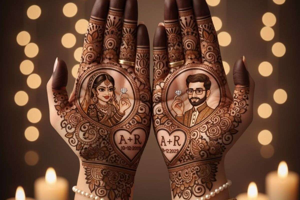 Mehndi Design: दूल्हा-दुल्हन से लेकर मोर पैटर्न तक, सगाई की रस्म में चार चांद लगाएं इन शानदार Ai मेहंदी डिजाइन्स से 2 Engagement Mehndi Design