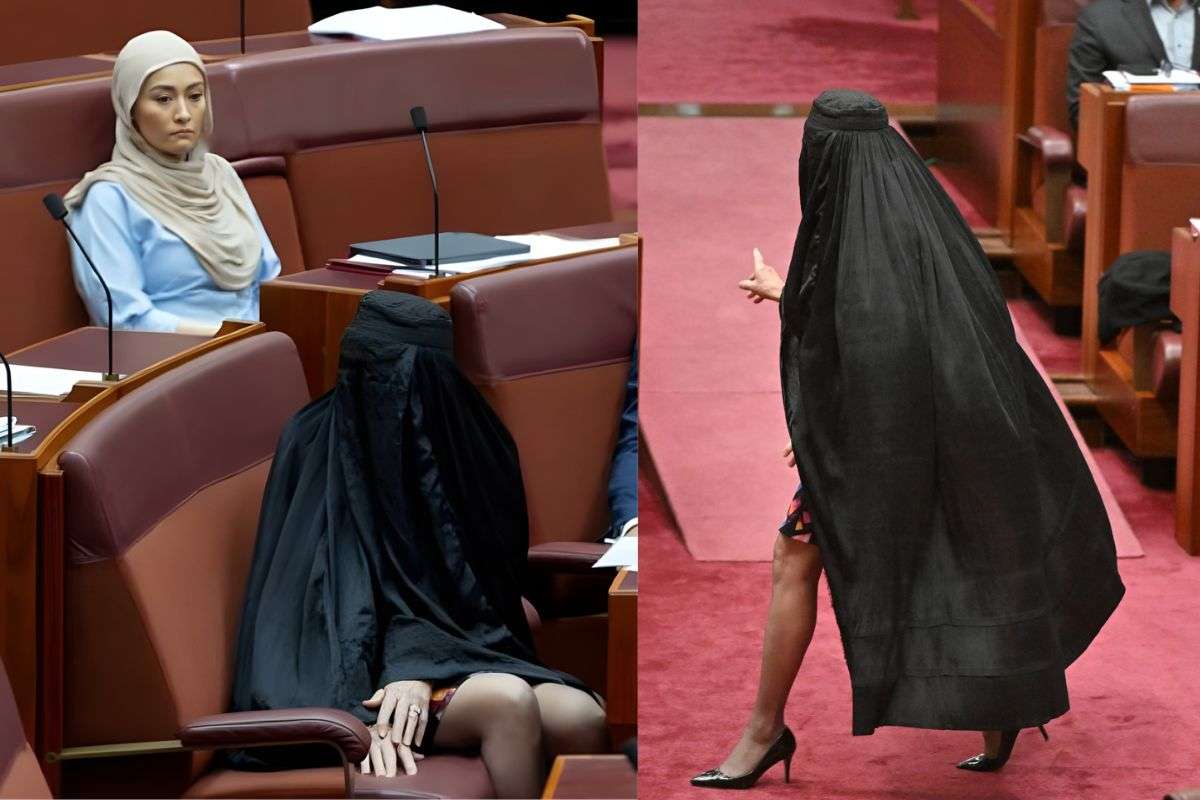Pauline Hanson joins Australian Parliament in burqa.