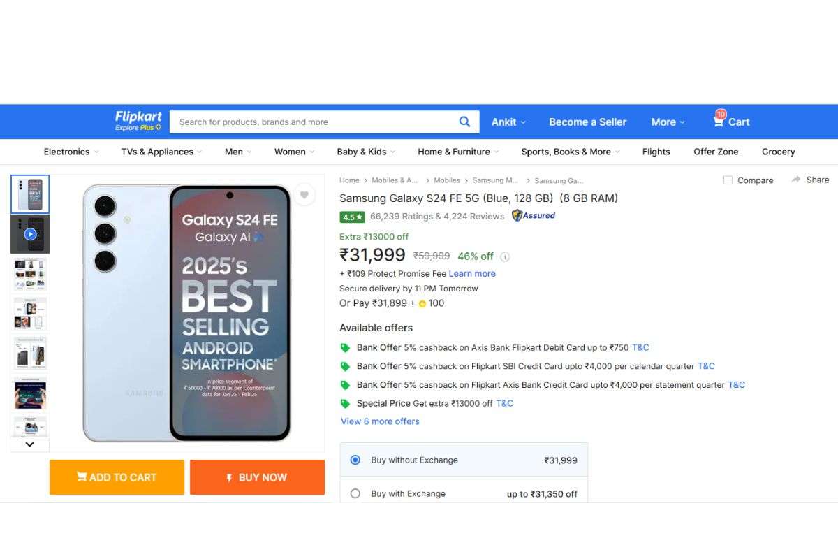 Flipkart Black Friday Sale में धड़ाम से गिरी Samsung के इस फ्लैगशिप फोन की कीमत, 31,999 रुपये में खरीदने का सुनहरा मौका 2 Sumsung Galaxy S24 Fe Flipkart Price Detail