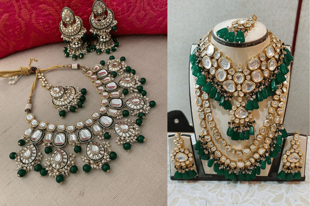Green Jewellery Designs For Bride: सगाई से लेकर शादी तक, दुल्हन के लुक को रॉयल टच देंगे ये ट्रेंडी ग्रीन ज्वेलरी डिजाइंस 2 Traditional Green Kundan Bridal Set