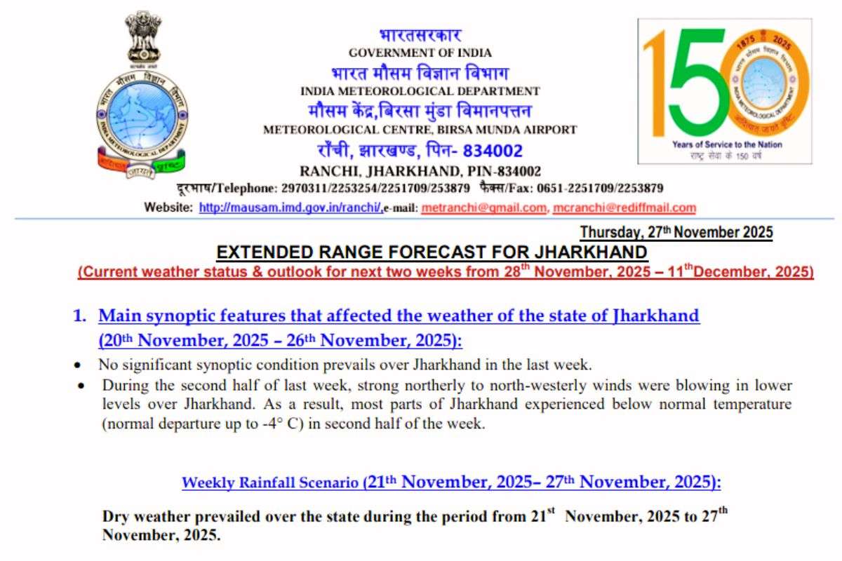 Weather Forecast Jharkhand News Today