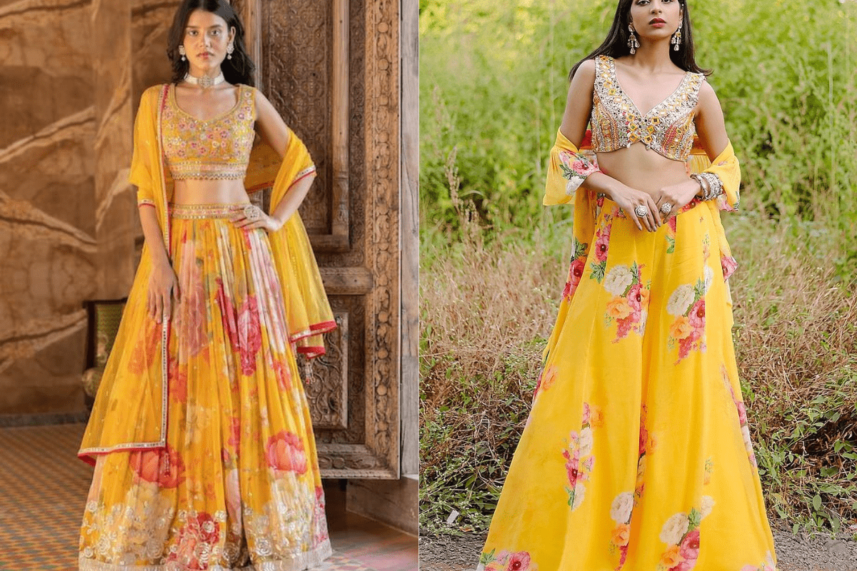 Haldi Outfit Ideas: दुल्हन से लेकर ब्राइड्समेड तक, जानें सबसे स्टाइलिश और ग्लोइंग हल्दी आउटफिट आइडियाज 1 Yellow Floral Lehenga For Haldi