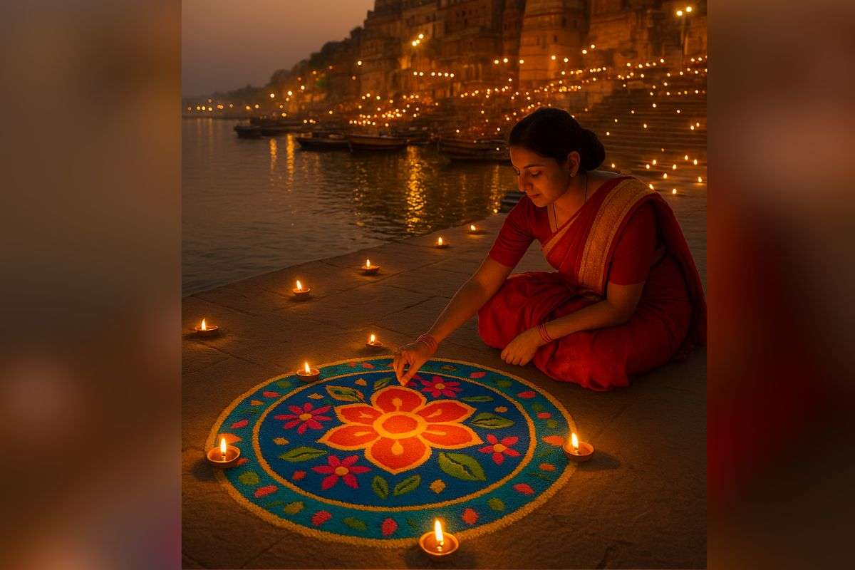 a women making rangoli