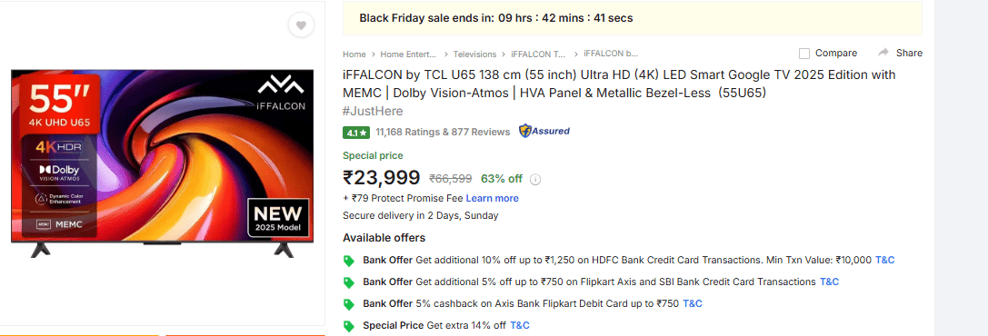 Black Friday Sale ने मचाई तबाही, ₹25000 से कम में मिल रहा 55 इंच Smart Tv, फटाफट चेक करें ऑफर्स 1 Image 298