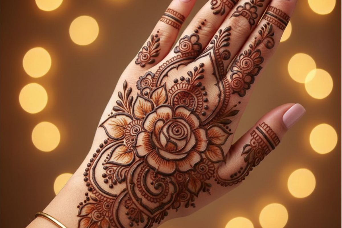 Latest Rose Mehndi Design 2025: हाथों की शोभा बढ़ाएंगे गुलाब के ये नए मेहंदी डिजाइन 6 Arabic Rose Fusion
