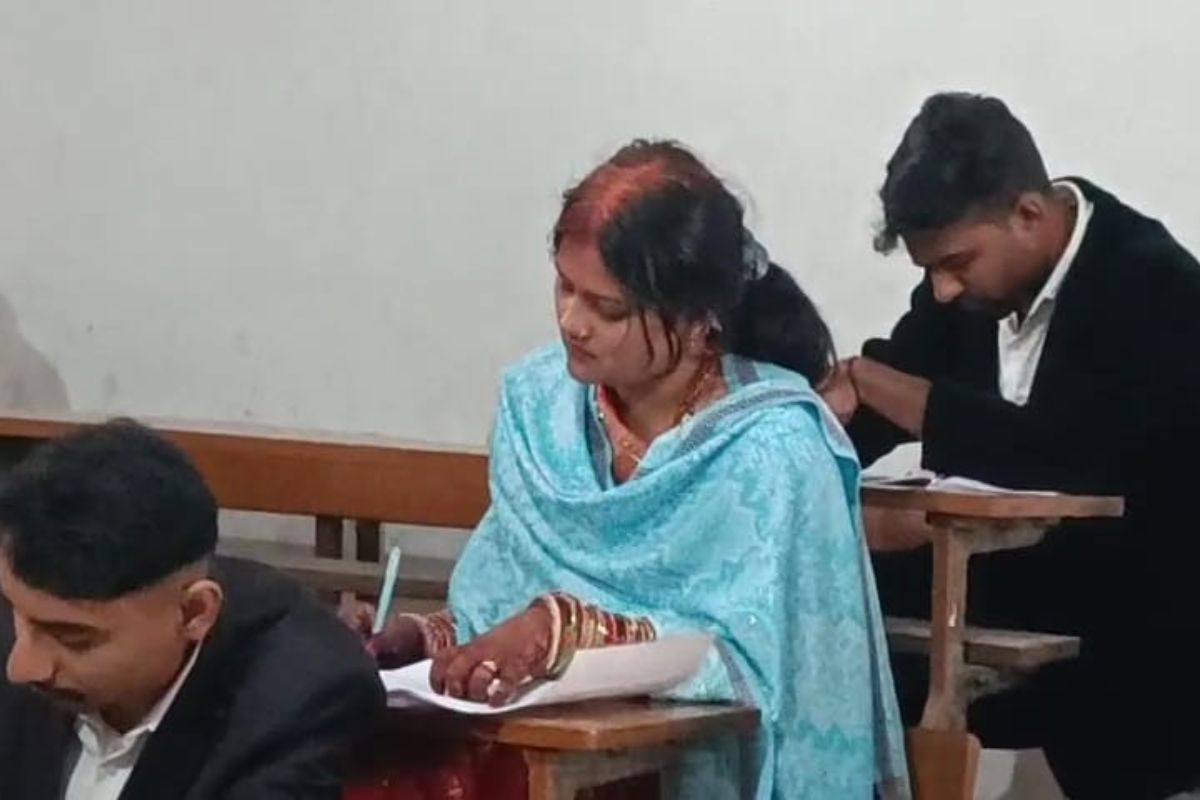 Bride Sanjana taking exam