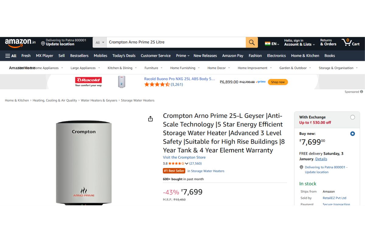 ठंड का कहर नहीं होगा अभी खत्म, ठिठुरने से पहले खरीद लें ये एडवांस्ड फीचर वाले सस्ते गीजर 2 Crompton Arno Prime 25 Litre