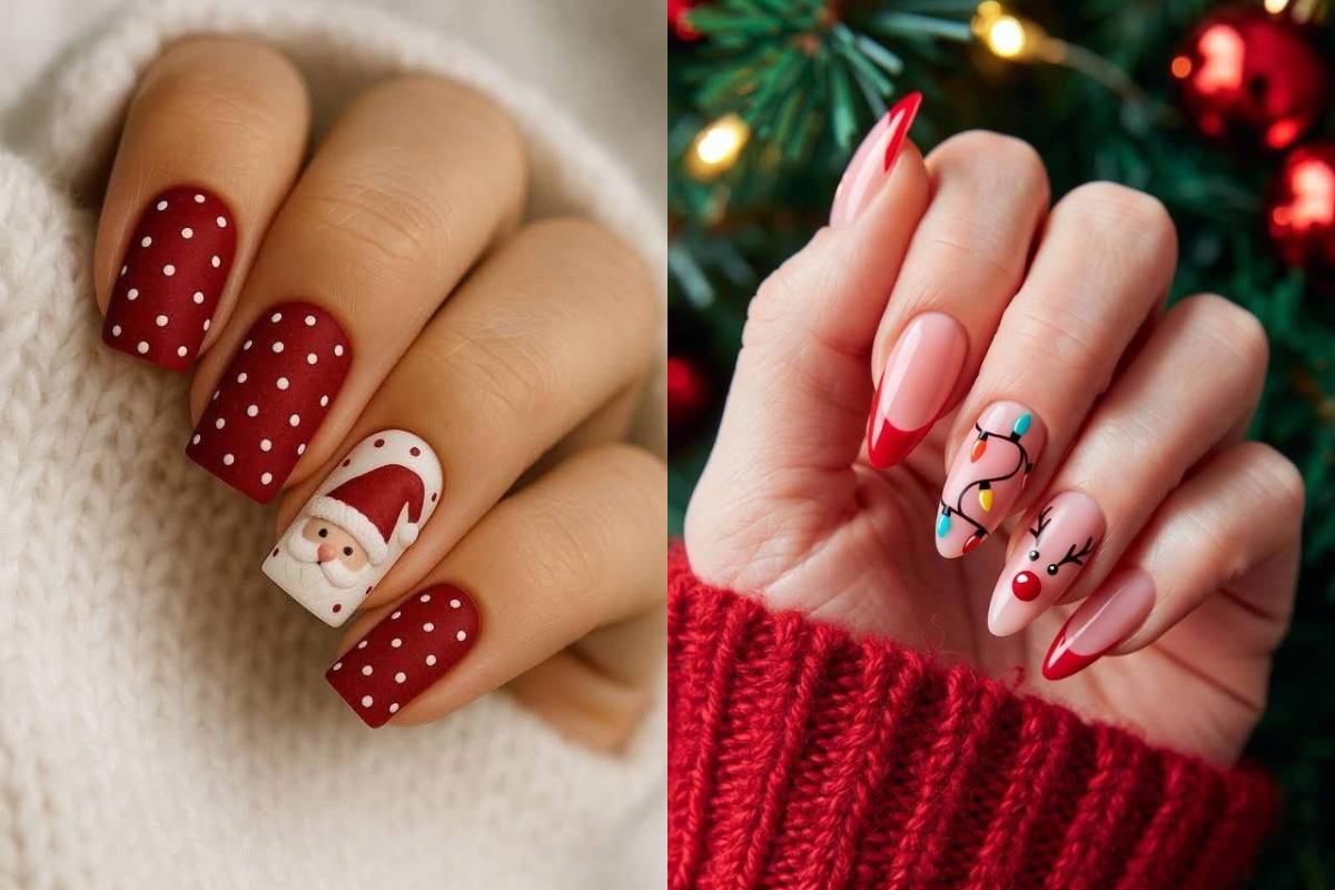 Christmas Nail Art Ideas: क्रिसमस के लिए देखें सबसे प्यारे और ग्लैमरस नेल आर्ट डिजाइंस - रेड, व्हाइट, ग्लिटर और सांता थीम डिजाइंस 6 Cute Santa Nail Art Design For Christmas 2025