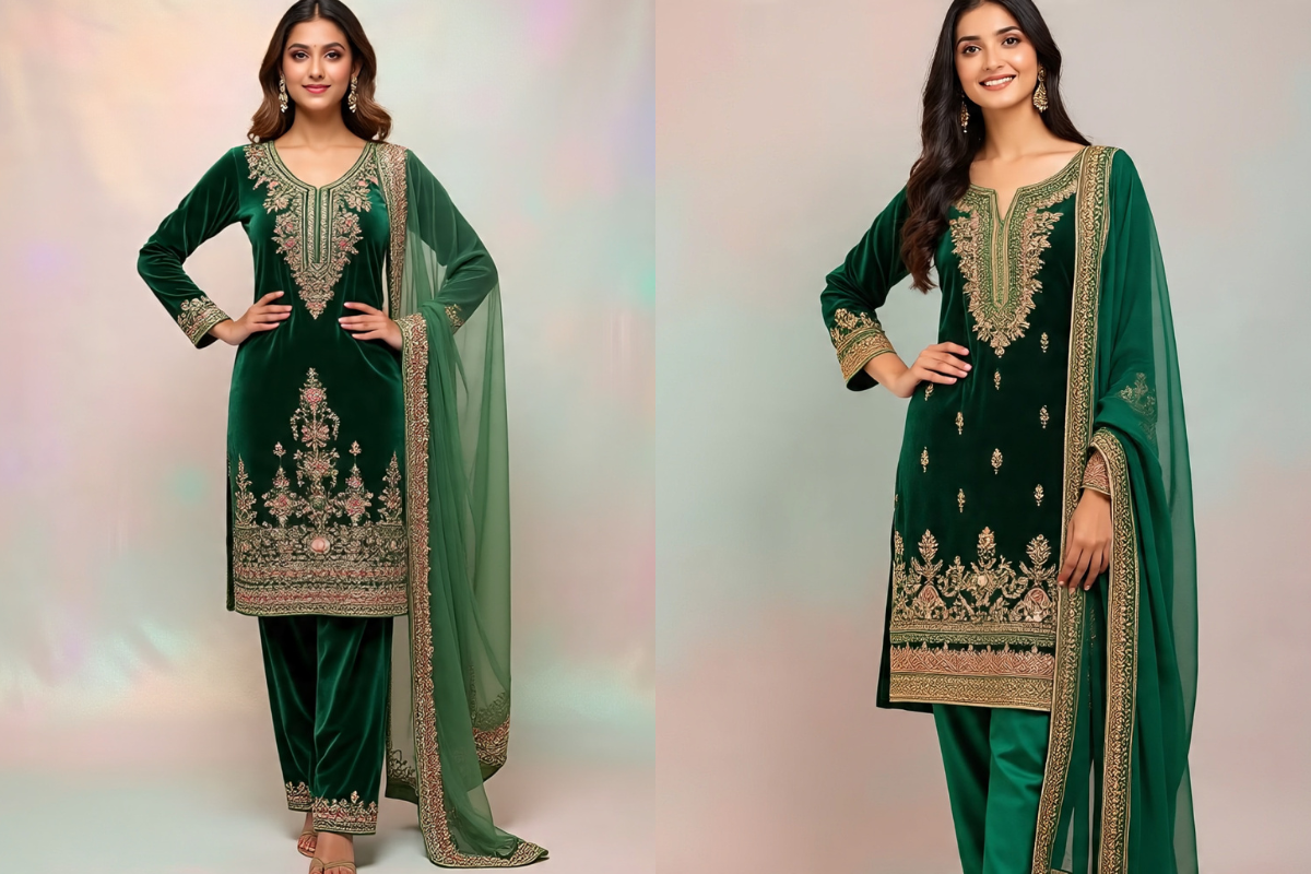 Latest Velvet Kurti Designs: सर्दियों की पार्टी के लिए स्टाइलिश, रॉयल और ट्रेंडिंग वेलवेट कुर्ती डिजाइंस 6 Dark Green Velvet Kurti Designs