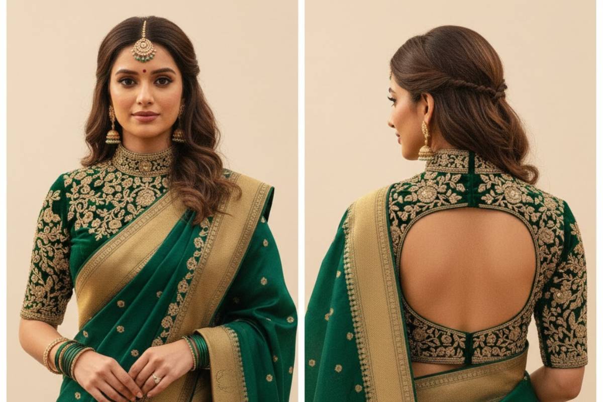 Velvet Blouse Design For Winter: सर्दियों में दिखें सुपर स्टाइलिश - पहनें वेलवेट के लेटेस्ट ब्लाउज डिजाइन 1 High Neck Velvet Blouse Design