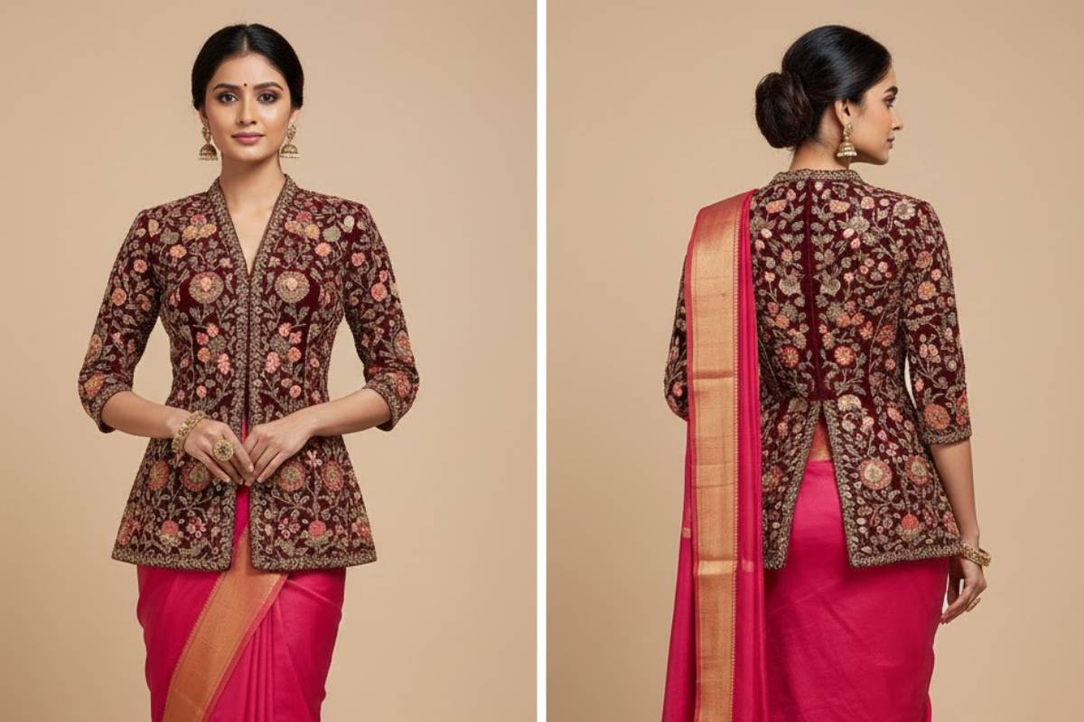 Velvet Blouse Design For Winter: सर्दियों में दिखें सुपर स्टाइलिश - पहनें वेलवेट के लेटेस्ट ब्लाउज डिजाइन 4 Jacket Style Velvet Blouse Design