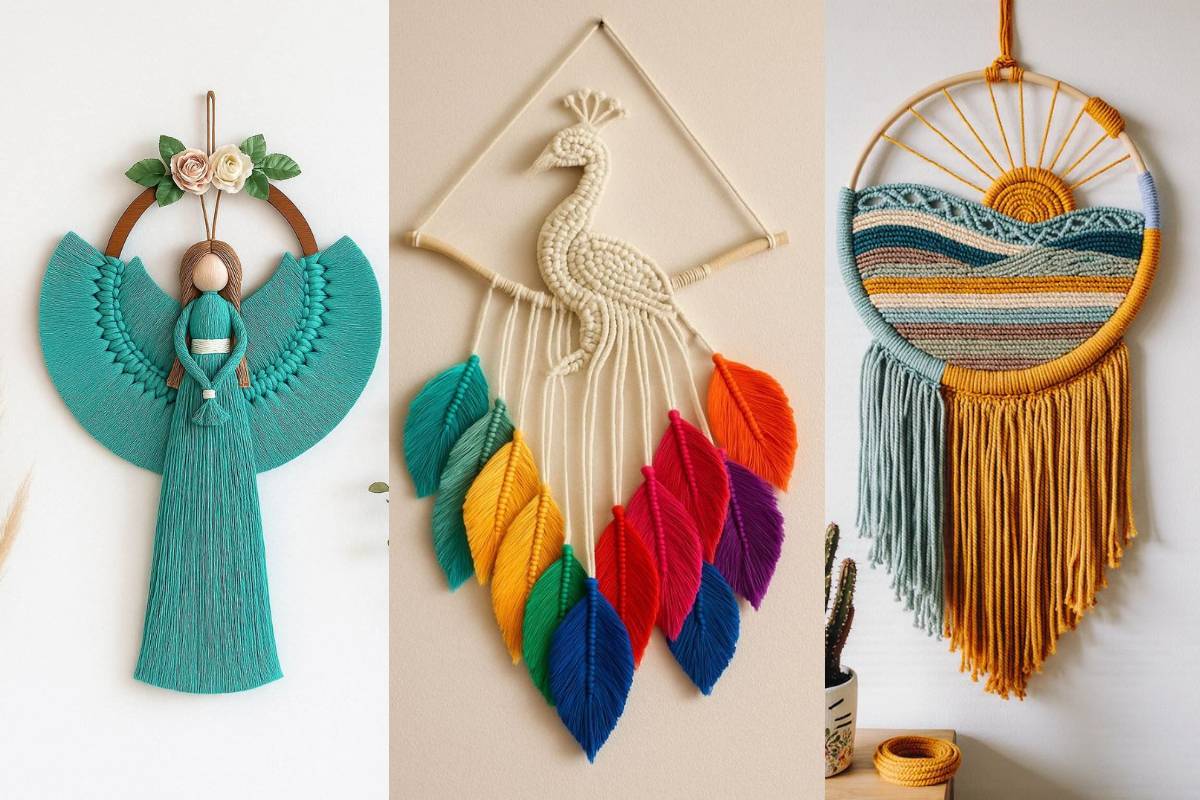 Eco-friendly macrame wall hanging design made with jute and cotton for living room decor.