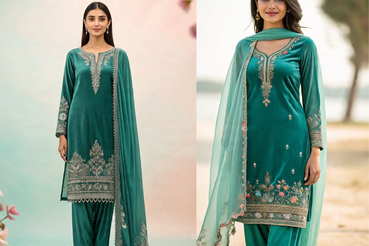 Latest Velvet Kurti Designs: सर्दियों की पार्टी के लिए स्टाइलिश, रॉयल और ट्रेंडिंग वेलवेट कुर्ती डिजाइंस 1 Ocean Green Velvet Kurti Designs