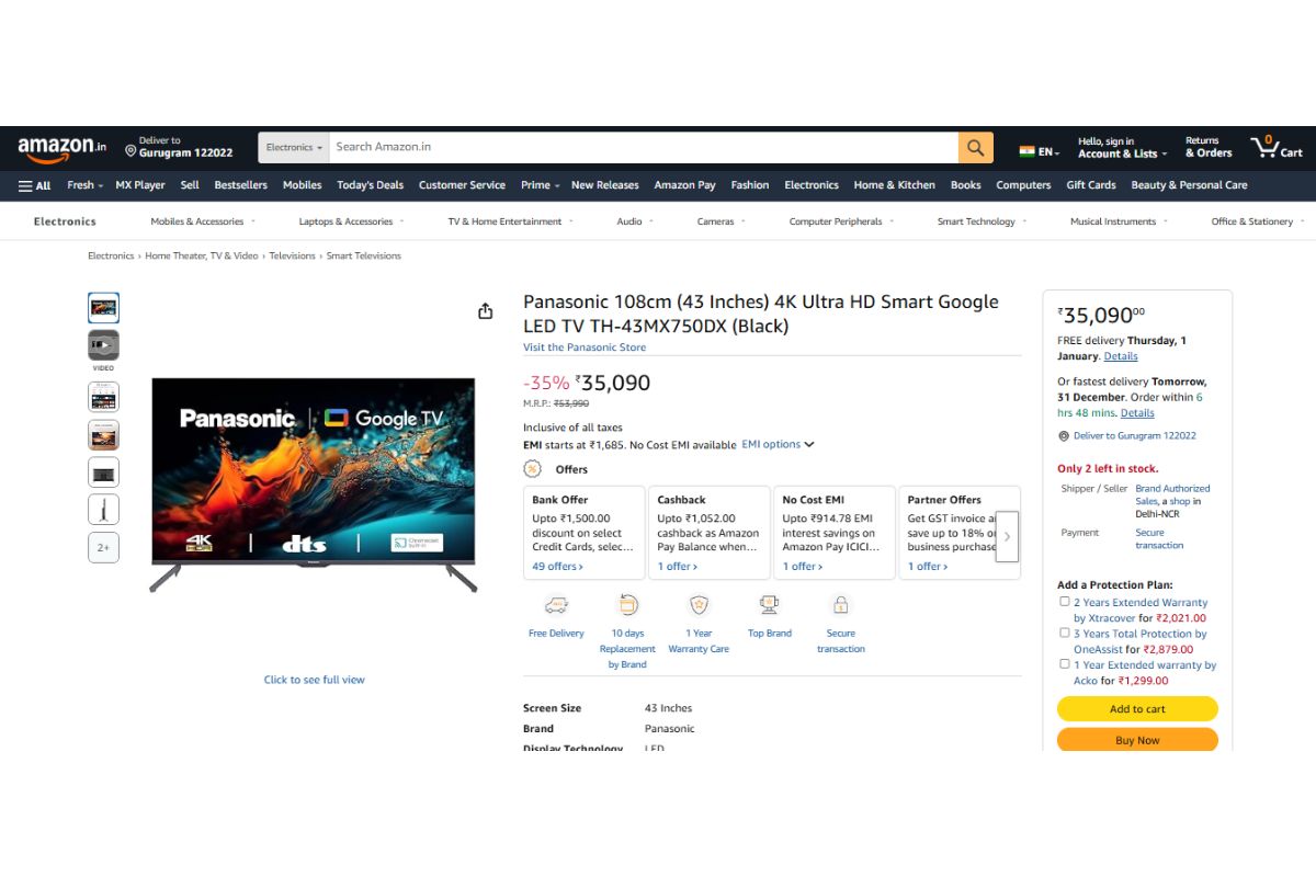 Panasonic 4K Ultra Hd Smart Google Led Tv Th-43Mx750Dx (43 Inches)