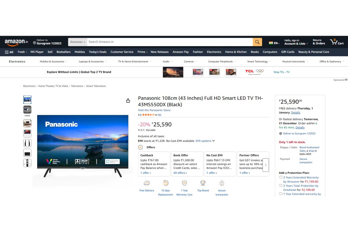 Panasonic Full Hd Smart Led Tv Th-43Ms550Dx (43 Inches)